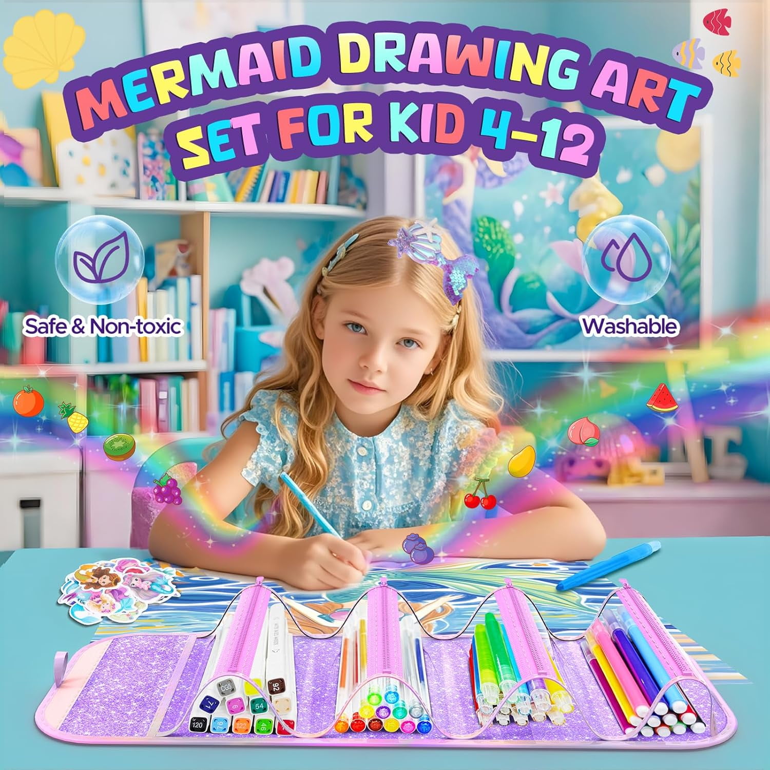 70PCS Mermaid Washable Markers Set with Glitter,Art Supplies for Kids Ages 4-6-8,Drawing Coloring Art Craft Kits for Girls with Marker,Glitter Pens,Crayon,Birthday Gifts Toys for Girls
