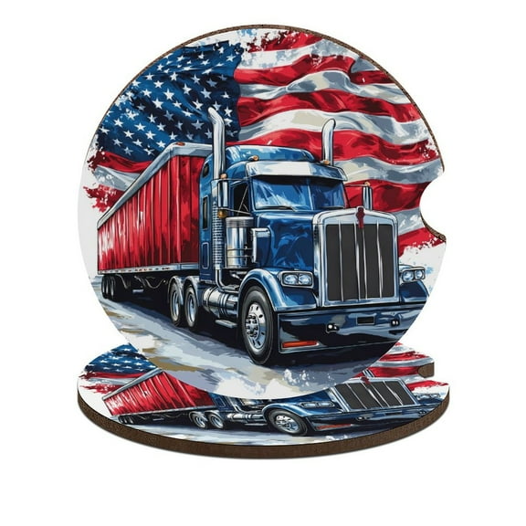 United States Flag Truck Car Coasters for Drinks with A Finger Notch for Easy Removal Cup Holder Coaster Cup Mat Car Interior Accessories 2PCS