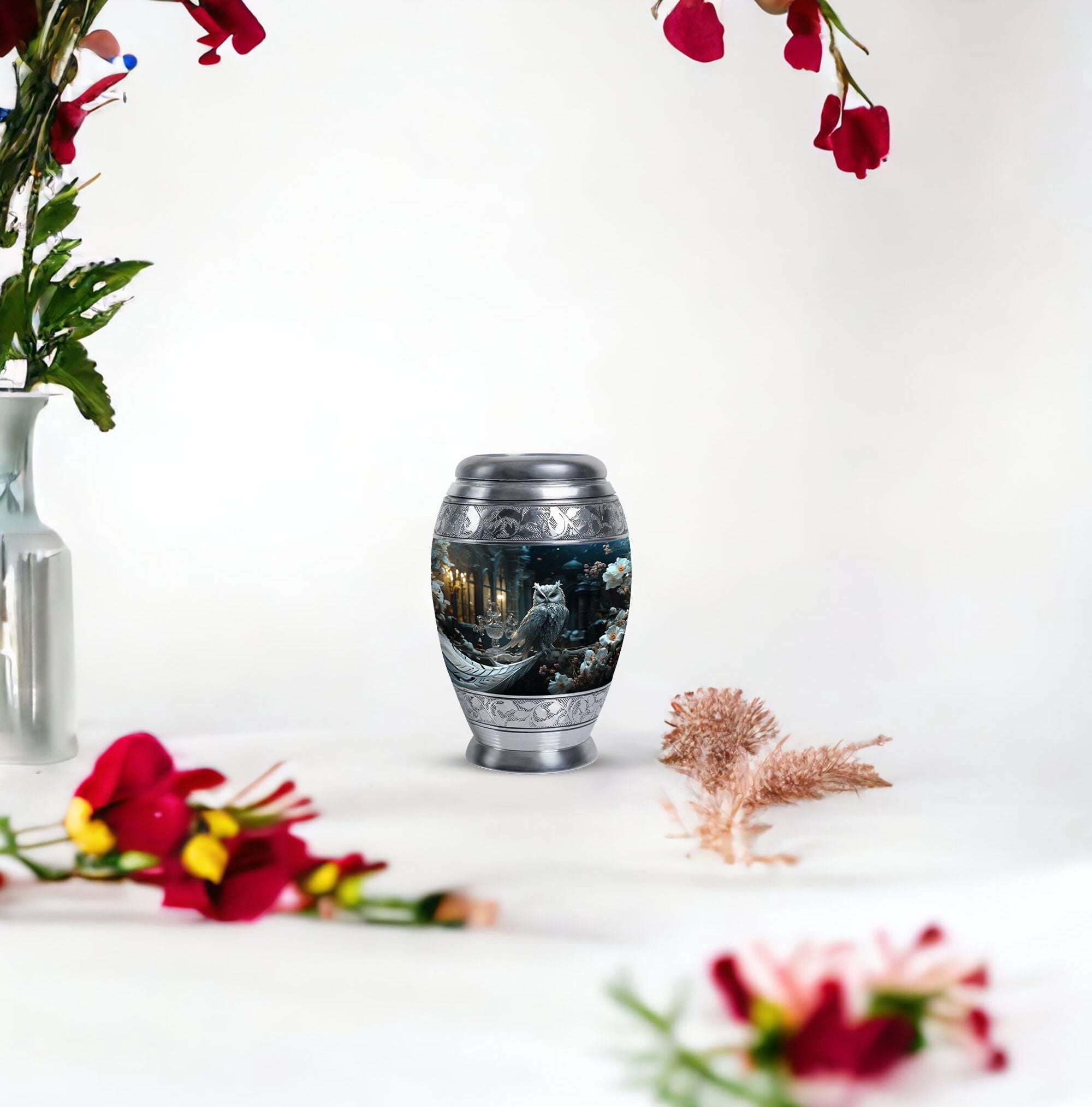 Litter White Owl Sitting Flower Memorial Urn For Human Ashes - Urns For Adults Men & Women - Ashes Urns Human Remains - Adult Urns For Human Ashes - Human Cremation Urns (Size - 3inch, 4Pcs)