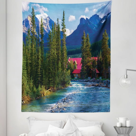 Landscape Tapestry, River Log Lake Village Themed Scenery Panoramic Woods Mountains, Fabric Wall Hanging Decor for Bedroom Living Room Dorm, 5 Sizes, Green Blue and Dark Pink, by Ambesonne