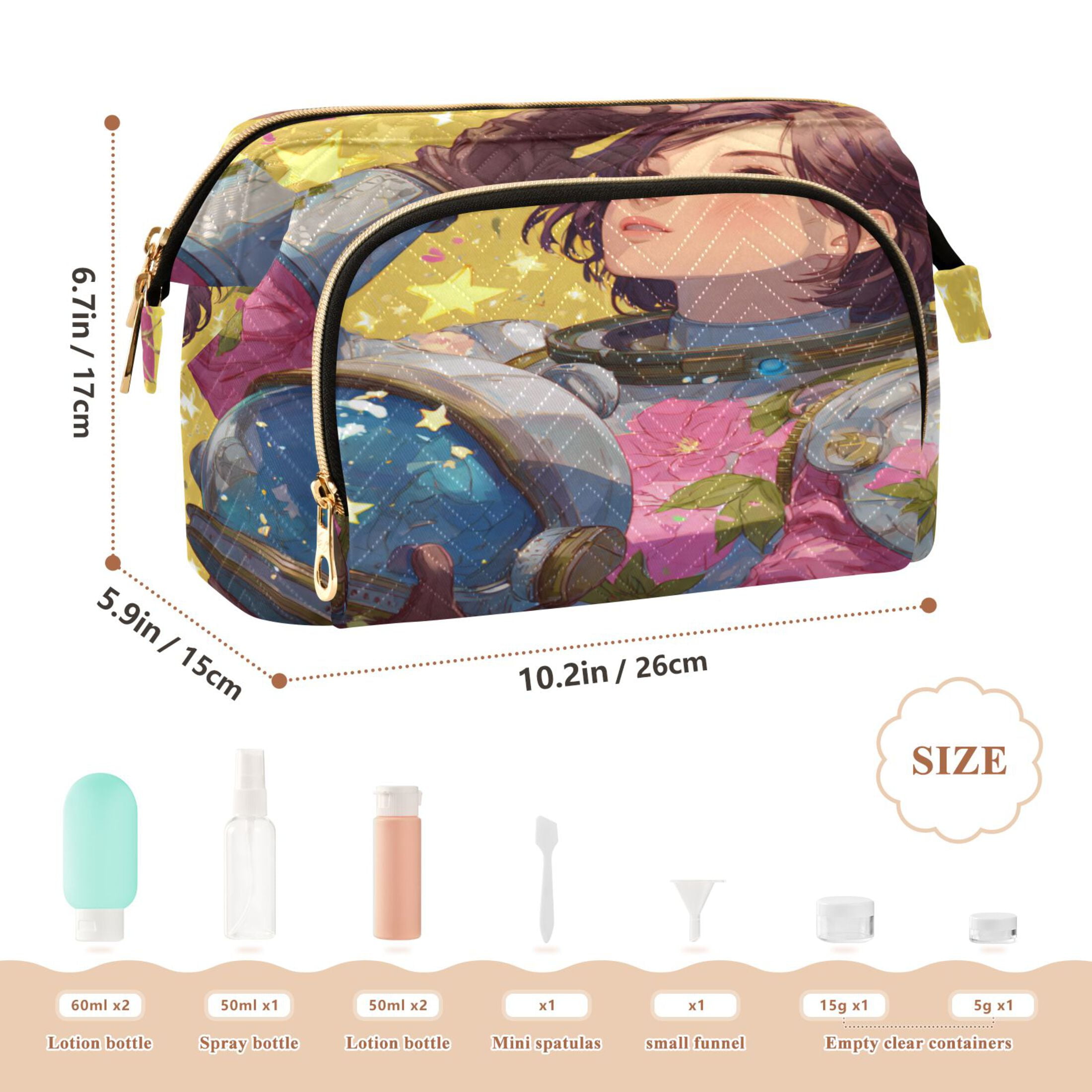 Wavy Quilted Cosmetic Bag Large-Capacity Travel Toiletry Organizer Includes 9-Piece Portable Travel Bottle Set Anime-style Astronaut