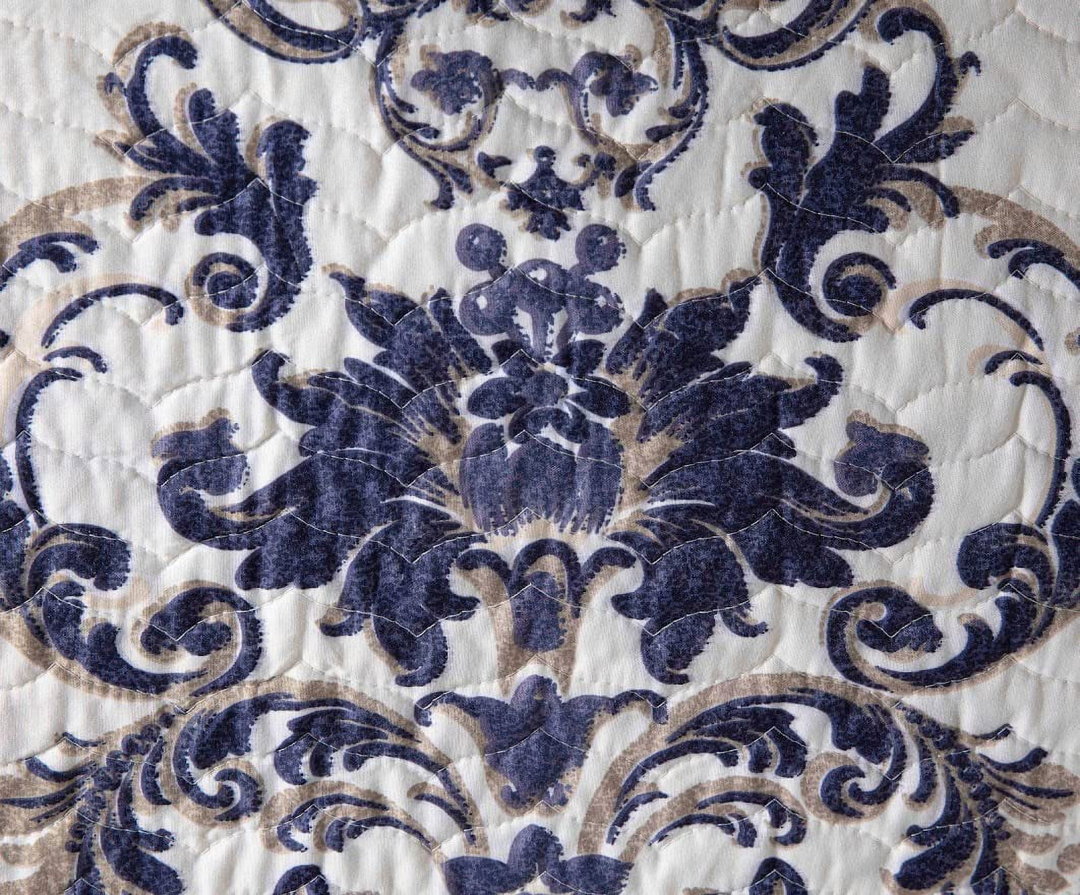Chezmoi Collection Chloris 3-Piece Pre-Washed Medallion Quilt Set, Printed Floral Microfiber Navy Blue Taupe Light Ivory Bedspread, Queen