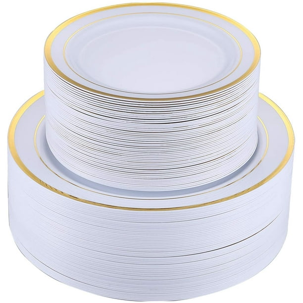 FOCUSLINE 102 Piece Plastic Plates with Gold Rim, Disposable Heavy Duty