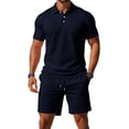 thumbnail image 5 of Men's Casual 2-Piece Quick-Dry Set, Loose Breathable Short Sleeve Polo Shirt and Elastic Waist Shorts, Summer Outfit For Travel and Sports,Navy,2XL, 5 of 5