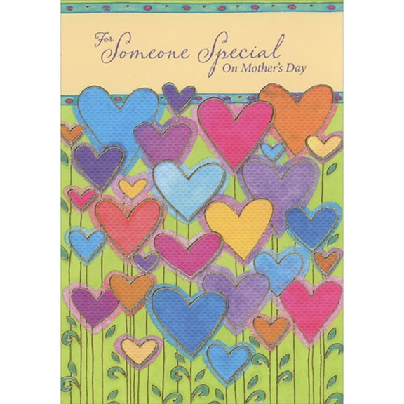 Designer Greetings For Someone Special: Repeated Colorful Heart Shaped Flowers with Gold Foil Trim and Stems Mother's Day Card