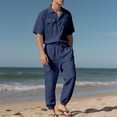 thumbnail image 4 of Hinvhai Men 2 Piece Linen Set Outfits Drawstring Long Pants Button Down Roll Up Sleeve Shirts Beach Wedding Suit Sets Navy L(L), 4 of 9