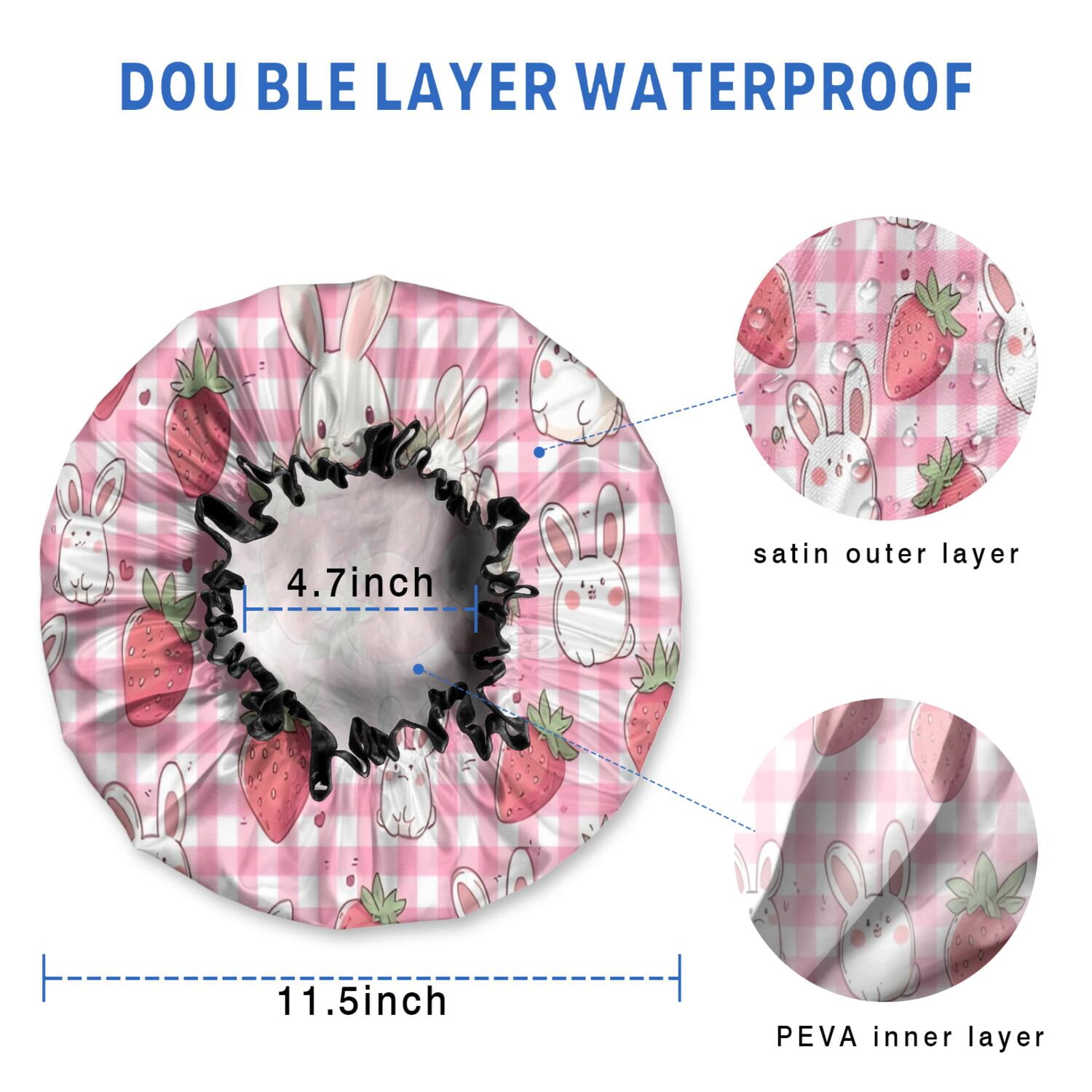 Shower Caps,Strawberry Plants Fruit Rabbit Checkered Waterproof Shower Cap for Women 4 Pieces,Double Reusable Hair Cover for Shower PEVA Elastic Stretch Hem