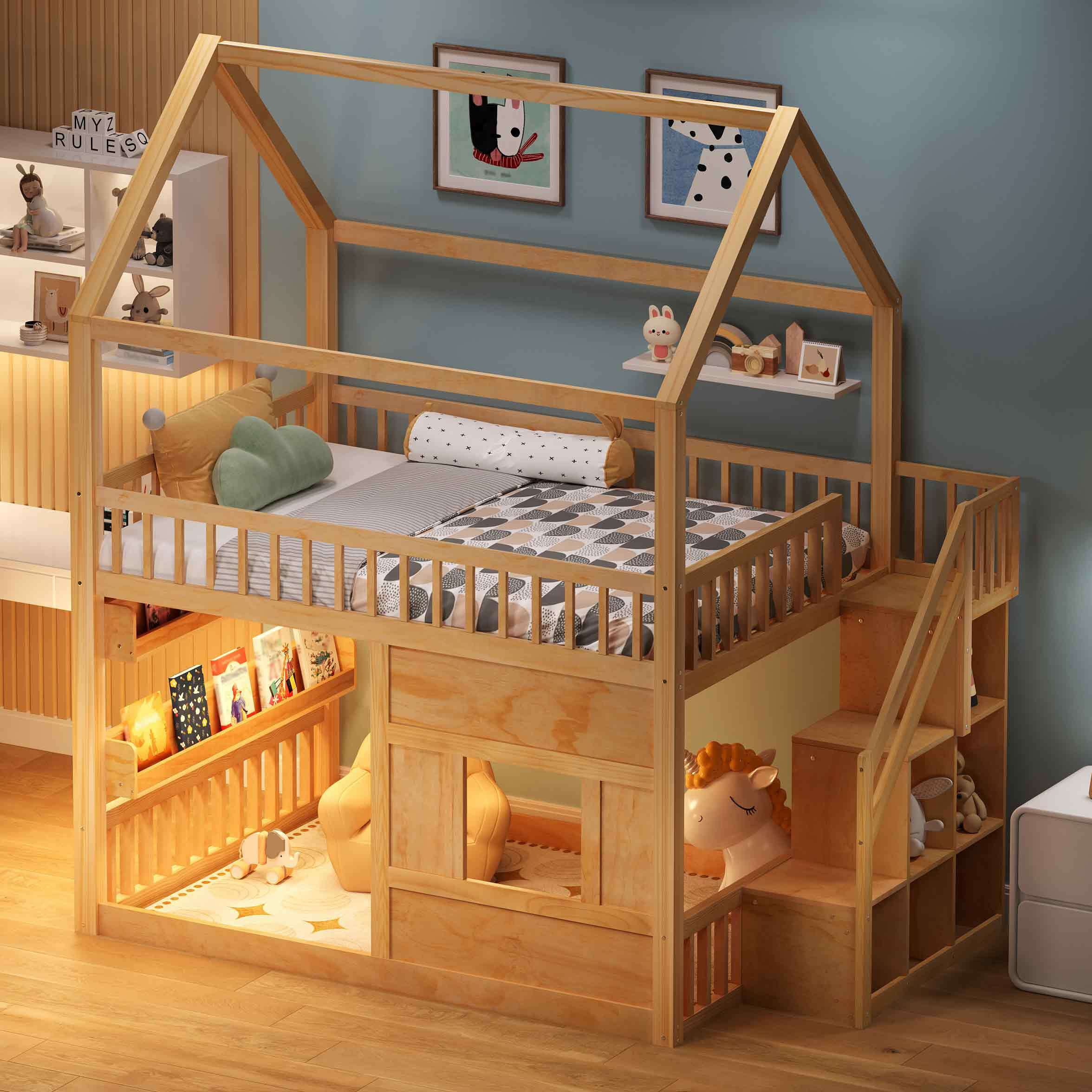 Euroco Wood Full over Full Bunk Bed with Staircase, House Bed with LED Light, Natural