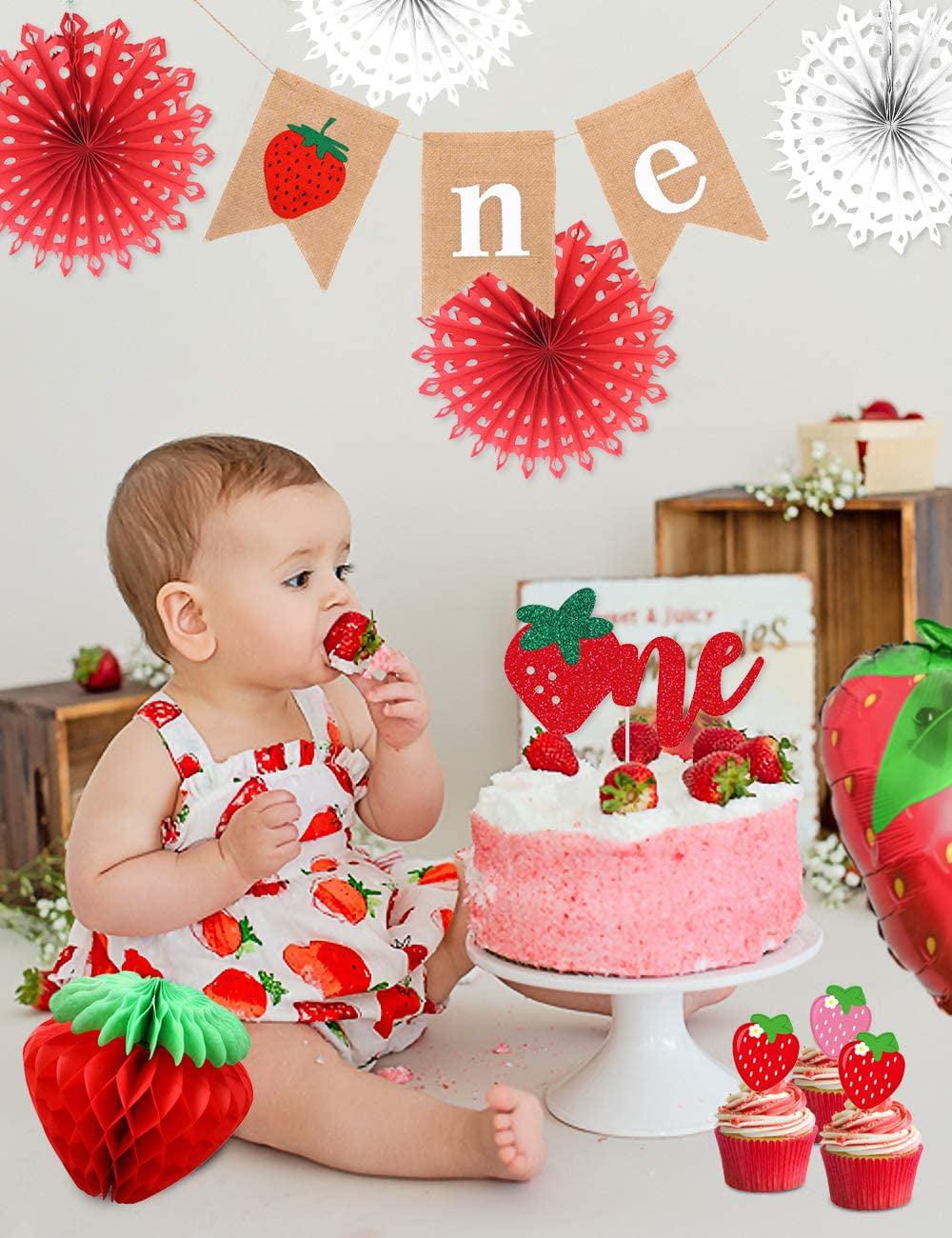 MEHOFOND Strawberry Theme 1st Birthday Party Decoration Backdrop for 1 Years Old Girl A Berry Sweet One Photography Background Cake Table Gift Table Photo Props Banner Supplies Vinyl 7x5ft 
