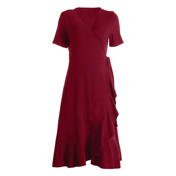 Women V-Neck Wrap Dress Short Sleeve Midi Flowy Dresses (Red L)