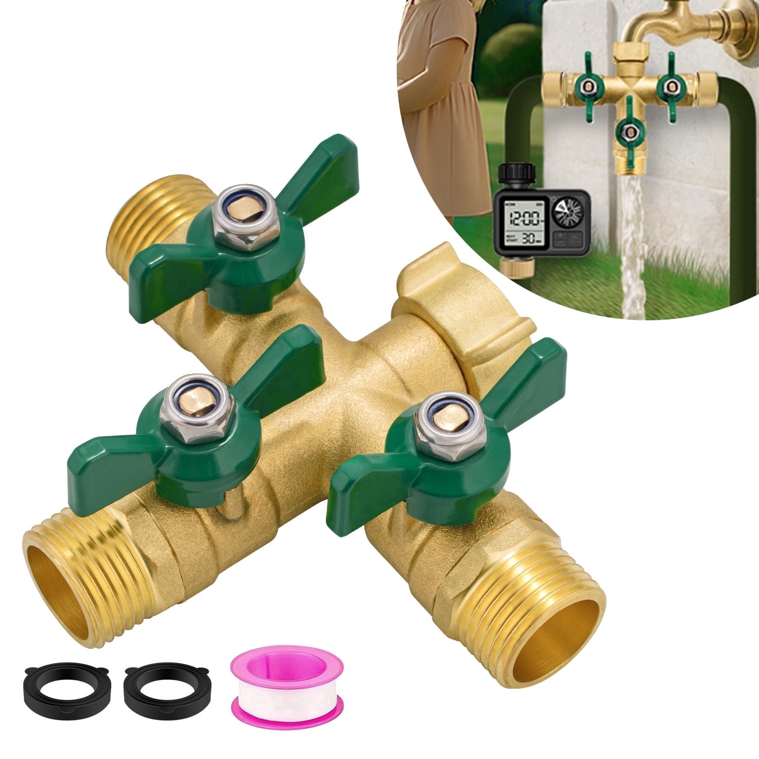 3-Way Brass Garden Hose Splitter, Heavy Duty Water Hose Valve with Long Handles for Lawn and Yard Watering