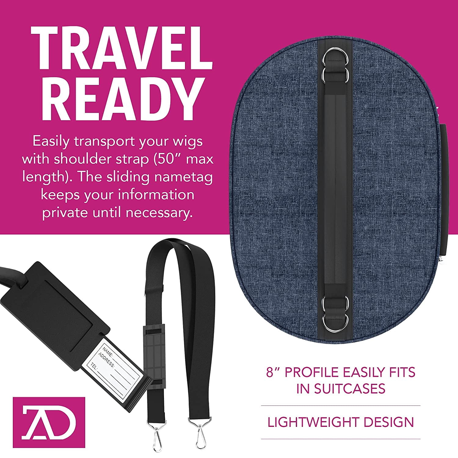 8"-12" Wig Travel Case -High Wig Box with Collapsible Wig Stand - Dome Foam Wig Head Stand in Zipper Carrying Case w/Handle for Safe Traveling Storage of Wigs, Lace Front Cap, Toupee (Denim Navy)
