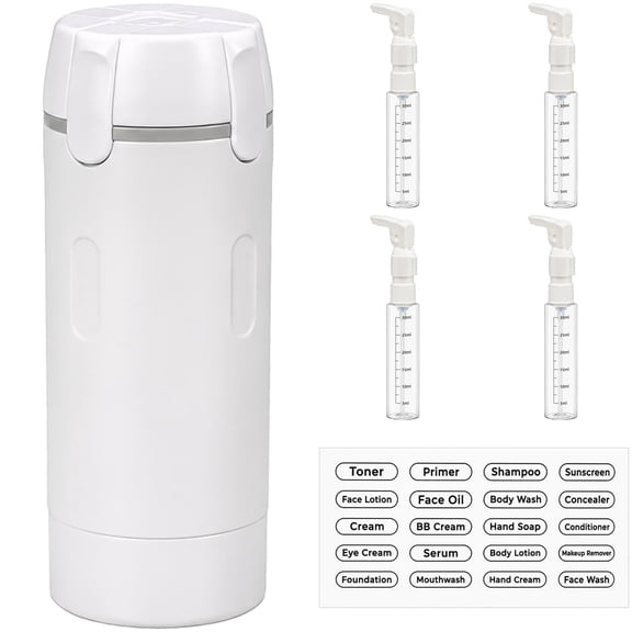 4 in 1 Travel Dispenser Bottle, 6.5 x 2.2 in Toiletry Containers with 4 Pcs 1 oz Shampoo Conditioner Lotion Travel Bottles, Leak Proof Pump and Labels for Business Trip Gym Vacation