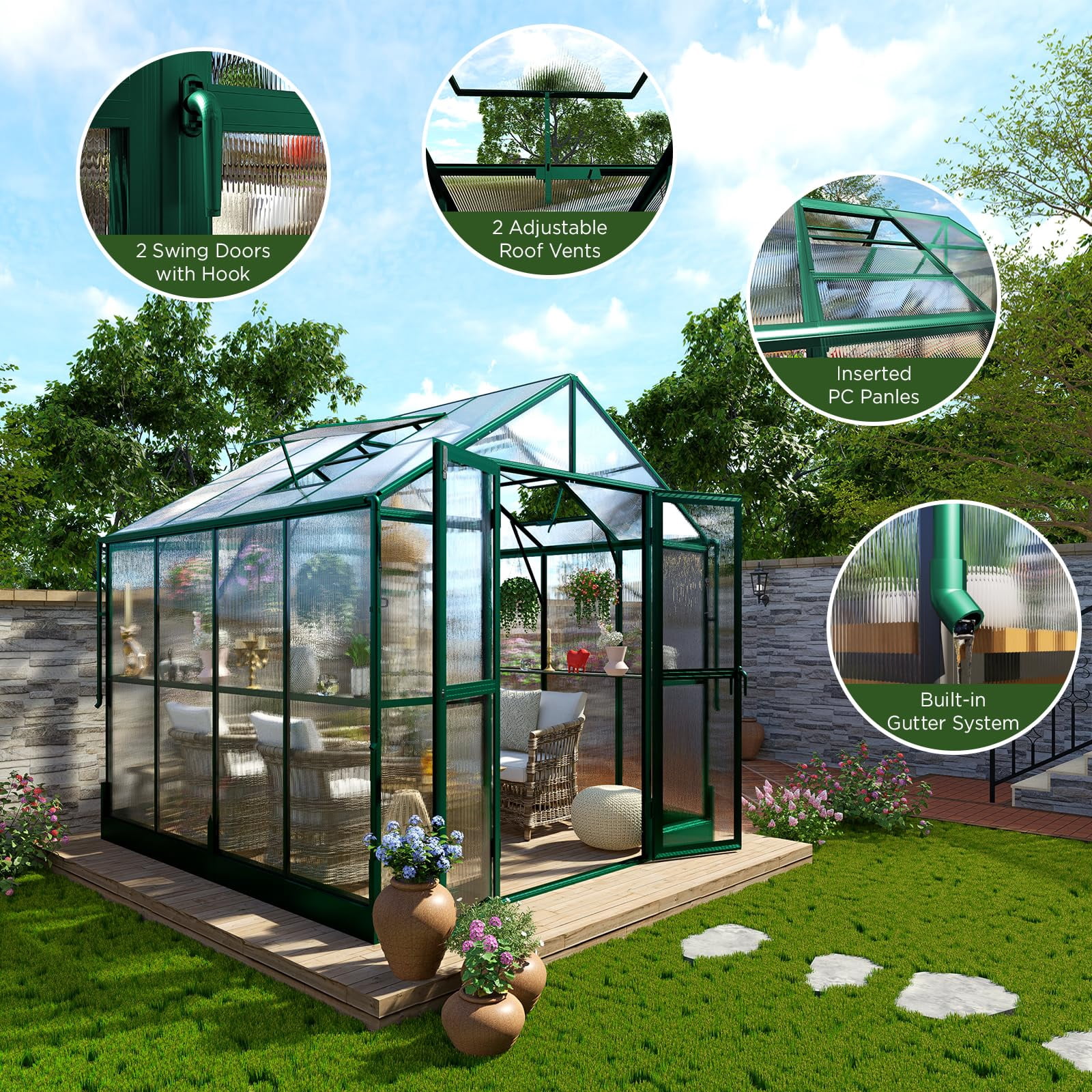Jocisland 8x8x7.5 ft Outdoor Aluminum Polycarbonate Walk in Greenhouse with Ventilation and Rain Gutter, Double Doors with Hook, for Outdoors(Green)