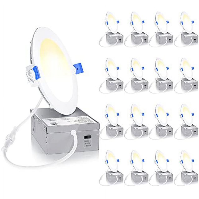 Ensenior Lot de 16 Plafonniers Encastrés Ultra-Fins 4 Pouces avec Boîtier de Jonction, 3000K/4000K/5000K Sélectionnable, 9W 75W Eqv, Downlight Dimmable, Haute Luminosité 750LM - Certifié ETL