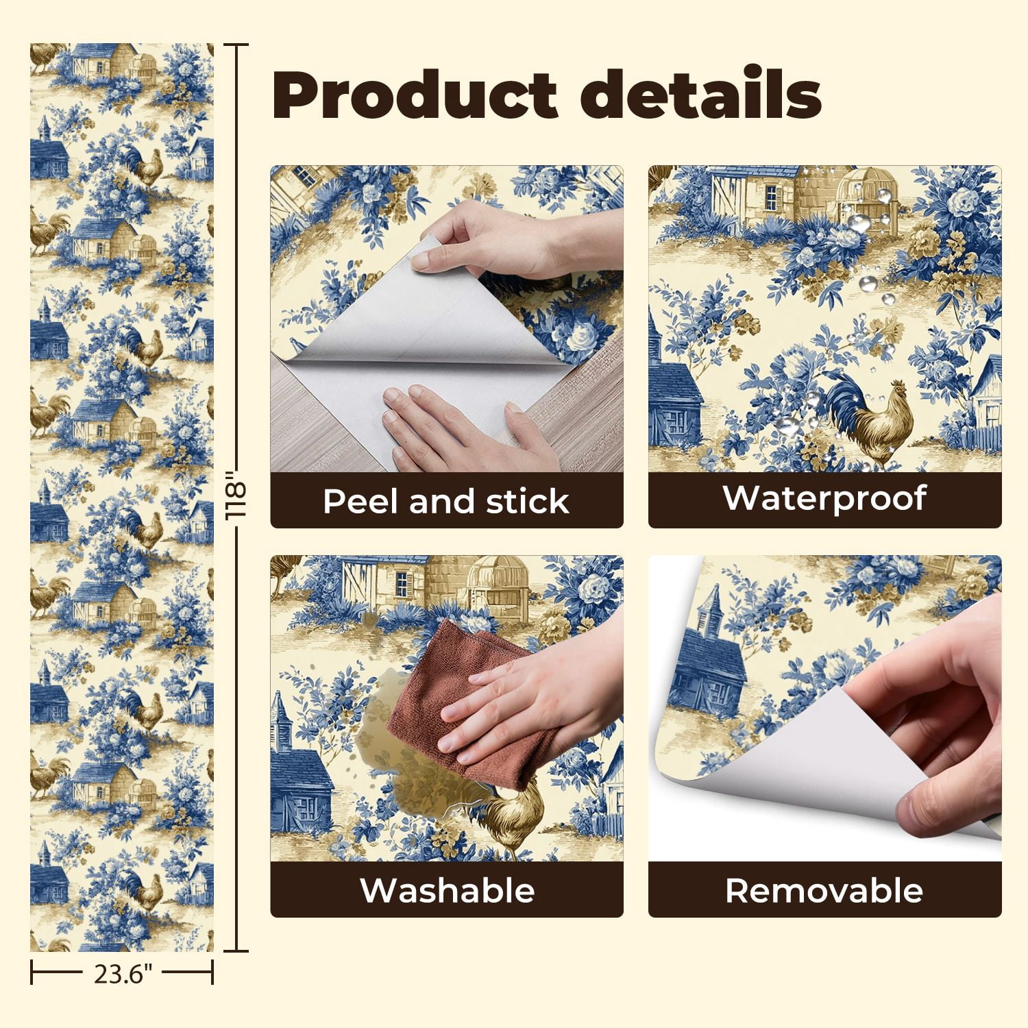 Peel and Stick Wallpaper 23.6in x 9.8ft Farmhouse Toile Roosters Cottages Blue Floral Motifs Contact Paper Vinyl Self-Adhesive Removable Wall Paper for Bedroom Kitchen Cabinet Renter Friendly