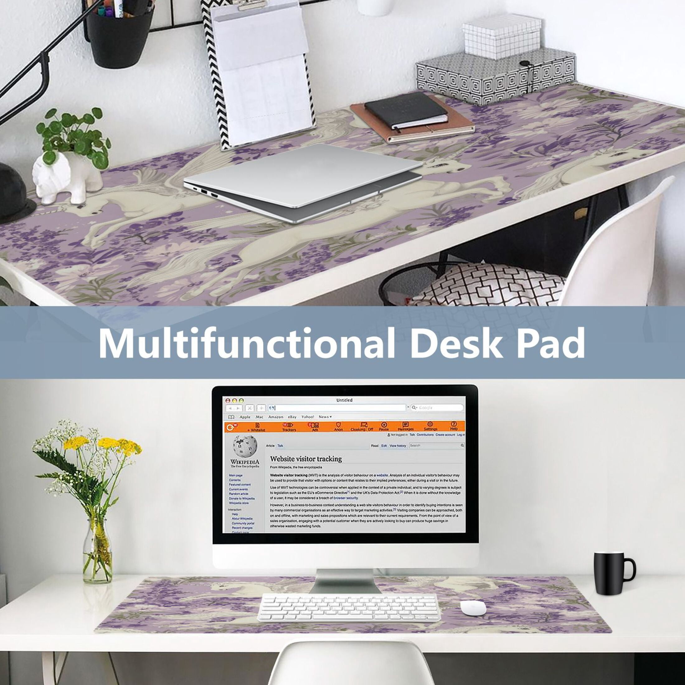 Leather Keyboard and Mouse Desk Mat Office Desk Accessories Protective Office Desk Decor Desk Pad Mat for Gaming, Work from Home, Office White Unicorns and Pegasi 16.5" x 35.4"
