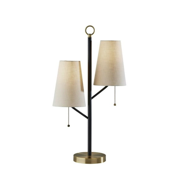 Adesso Daniel Table Lamp Black with Antique Brass Accents Cream Textured Fabric