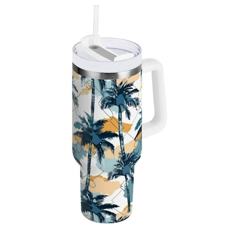 

JSTEL Palm Trees Tropical 40 oz Tumbler Stainless Steel Water Bottle Vacuum Insulated Cup with Straw Lid & Handle For Travel Car Cup Holder