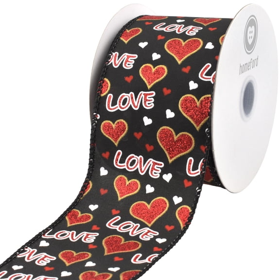 Homeford Valentine's Love Hearts Wired Ribbon, 2-1/2-inch, Black/Red, 10-yard
