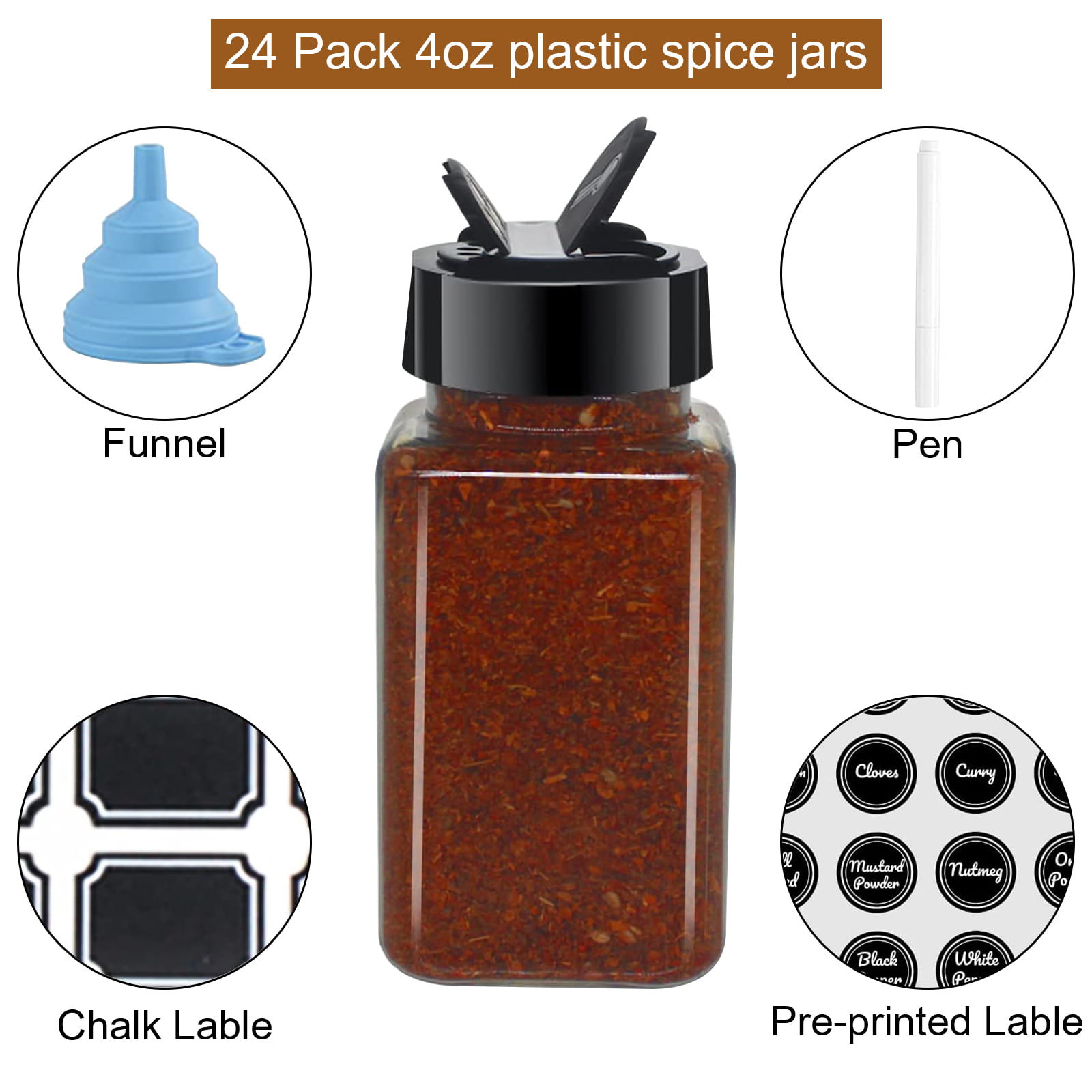 Spice Bottles Empty Glass with Labels 4 oz - 24 Piece Spice Jars Spice  Container Shaker Lids, Airtight Metal Caps and Chalkboard/Clear PVC  Seasoning Labels, Chalk Marker & Collapsible Funnel 