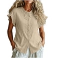 thumbnail image 2 of Neewe Women Loose Casual Short Sleeve Button Up Shirt Solid Color Blouse Round Neck Basic Collared Daily Top, 2 of 5
