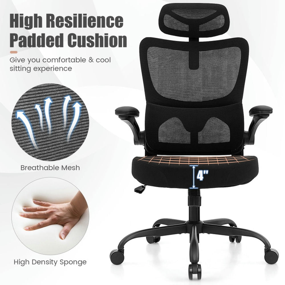 Demi Bonn Mesh Office Chair with Adaptive Lumbar Support Flip-up Armrests, Reclining Backrest, Rolling Work Computer Desk Chair, Black