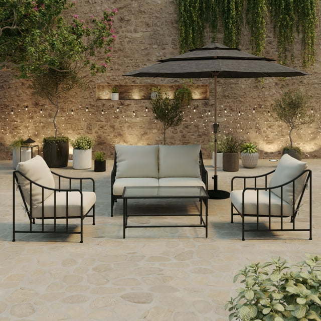 Better Homes & Gardens Aubrey 4-Piece Steel Outdoor Conversation Set with Cushions, Cream