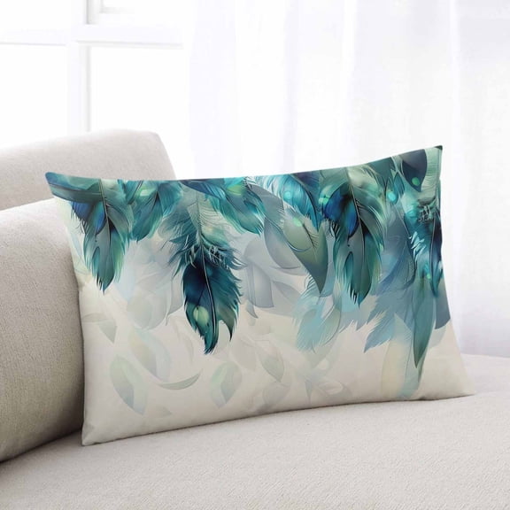 Teal Feather Throw Pillow Covers, Farmhouse Feather Art Teal Ombre Soft Breathable Pillow Cases with Invisible Zipper for Sleeping, Body Pillowcases for Couch Bed Sofa Chair 24x36 Inches