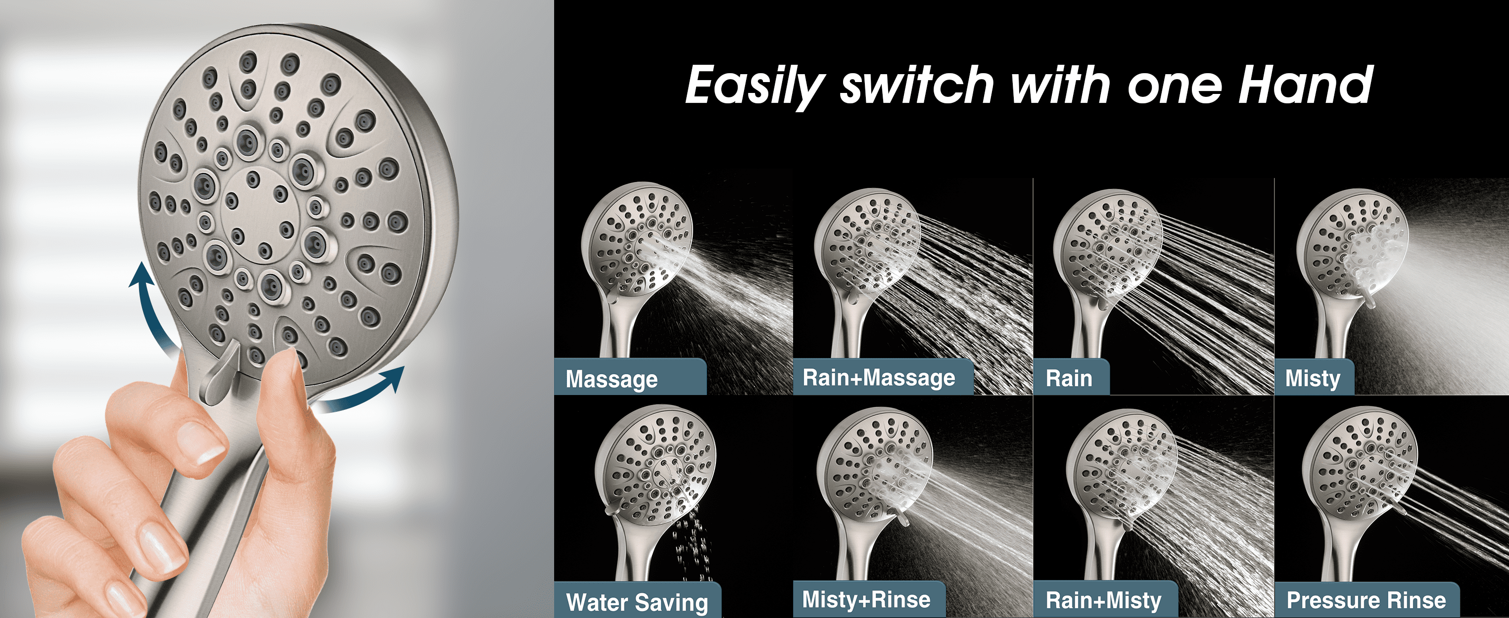 BRIGHT SHOWERS Rain Shower Head with Handheld Spray Built-in Power Wash, High Pressure Dual Shower Head with Adjustable Extension Arm, 3-Way Diverter, 9-Mode Handheld, 69” Long Hose, Brushed Nickel