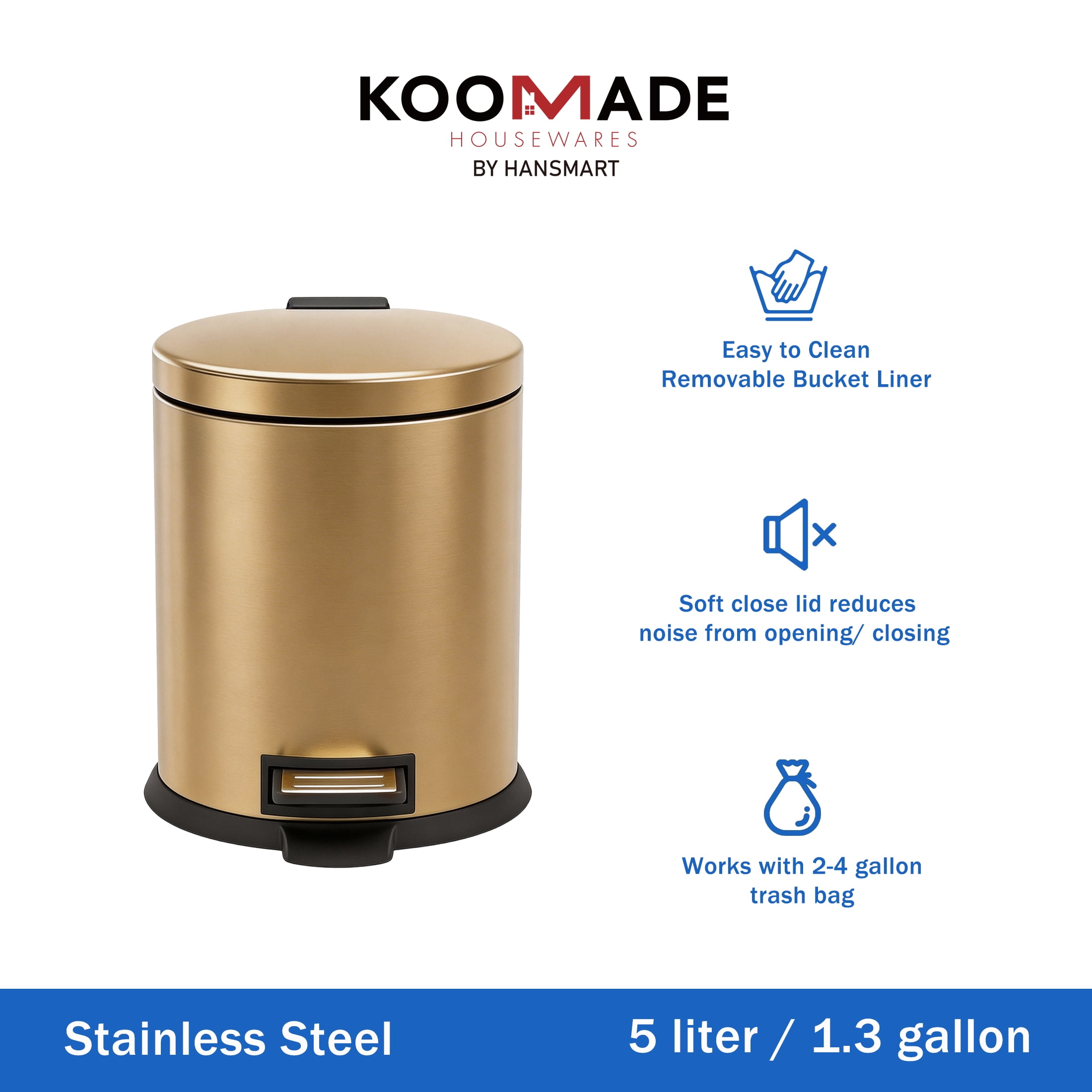 Koomade 2 Pack Bathroom Trash Can, 1.3 Gallon Stainless Steel Step Garbage Bin with Lid, Gold