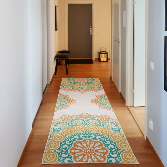 Oriental Decorative Rug, Soft Colored Mandala South Culture Inspired Floral Image, Quality Carpet for Bedroom Dorm and Living Room, 6 Sizes, Apricot Marigold, by Ambesonne