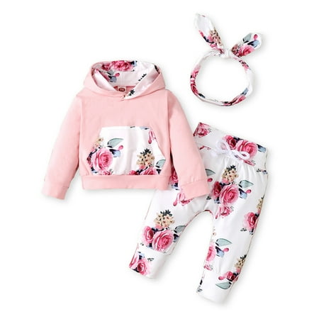 

Kucnuzki 12 Months Baby Girl Fall-Winter Outfits Pants Sets 18 Months Long Sleeve Floral Pocket Hooded Tops Elastic Floral Pants Headband 3PCS Set Pink