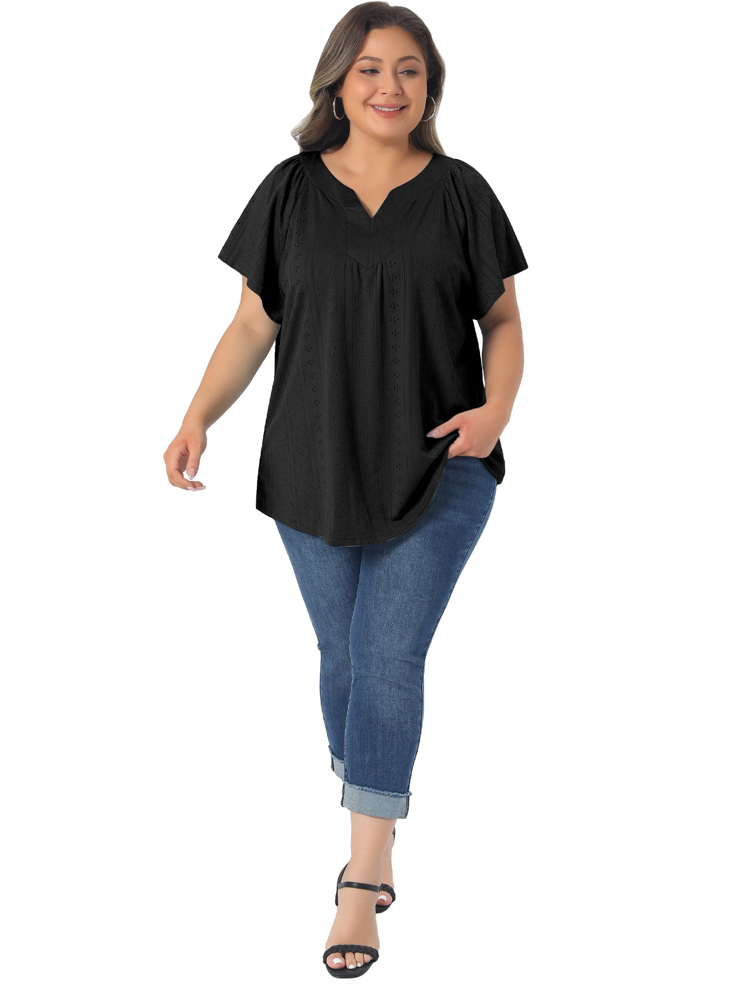 DARING DIVA Women's Plus V Neck  Eyelet Embroidery Casual V-Neck Blouse 1X Black