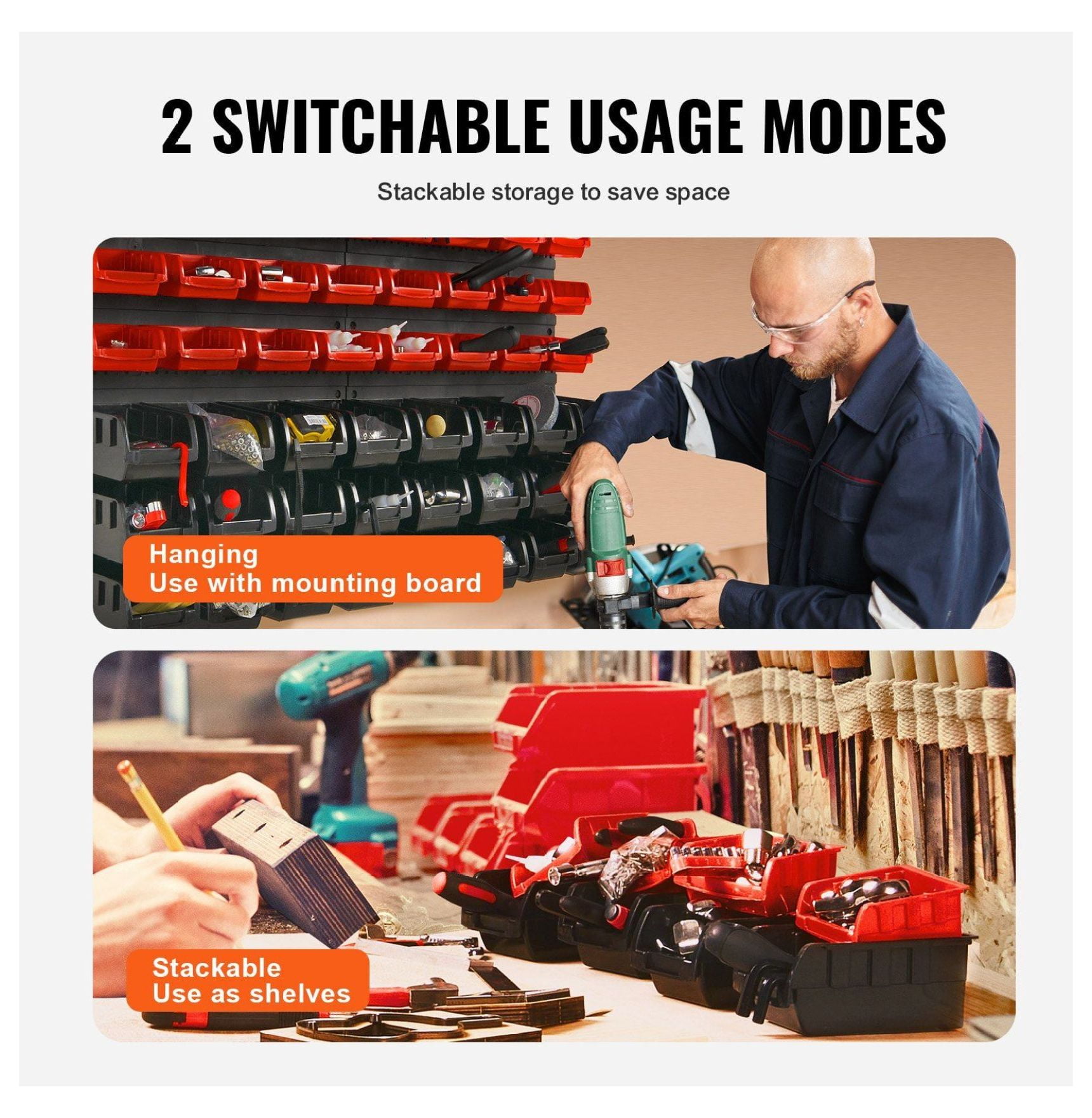 Wall Mounted Storage Bins 48-Bin Parts Organizer - Garage Shop Tool Rack - Small Parts Storage for Nuts, Bolts, Screws, Crafts, Beads - Black & Red