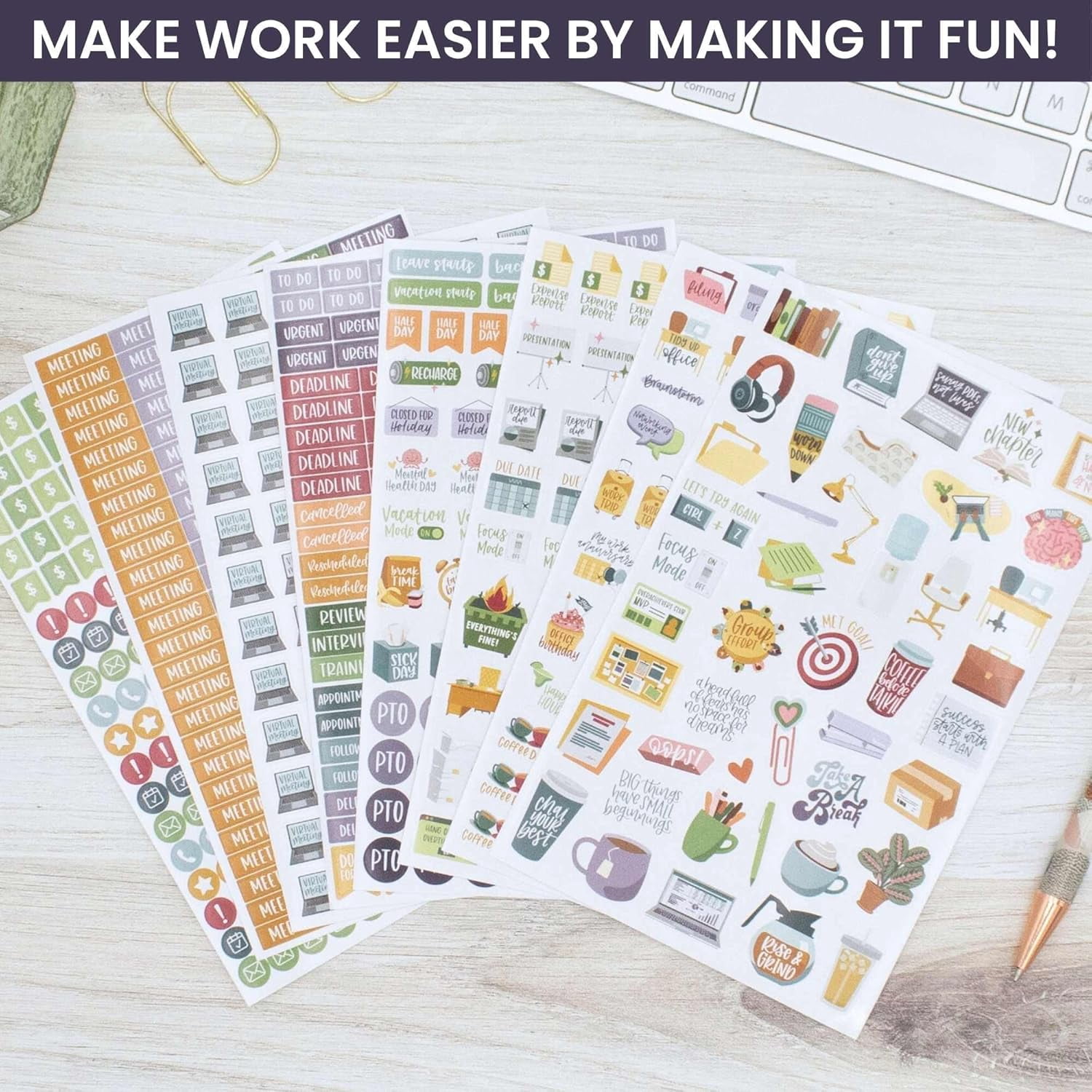 Workday Essentials Planner Stickers - Productivity Variety Pack for Business Professionals - 8 Sheets / 802 Stickers - Meetings, Deadlines, Payday Icons for Work & Office