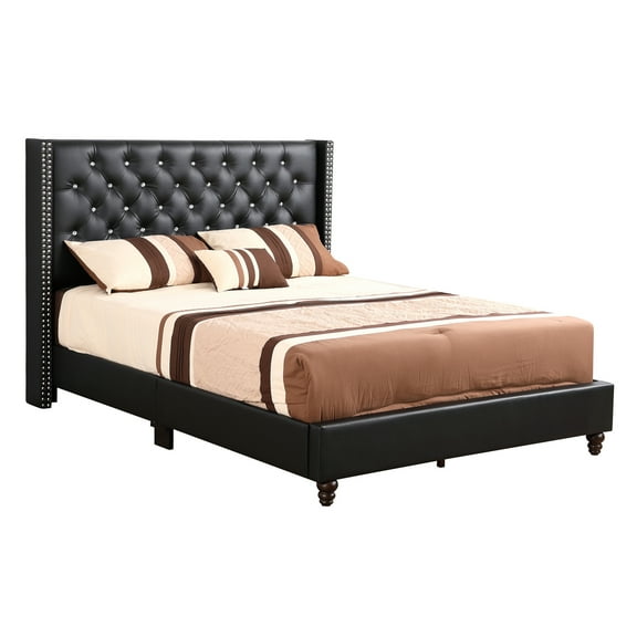 Passion Furniture Julie Black Tufted Upholstered Low Profile Queen Panel Bed