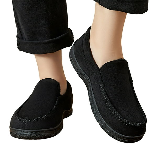 Pandaie Men's Slip on Loafers Memory Foam Moccasin House Slippers Fleece Lined Soft Plush Suede Indoor Outdoor Walking Driving Shoes Black 9.5