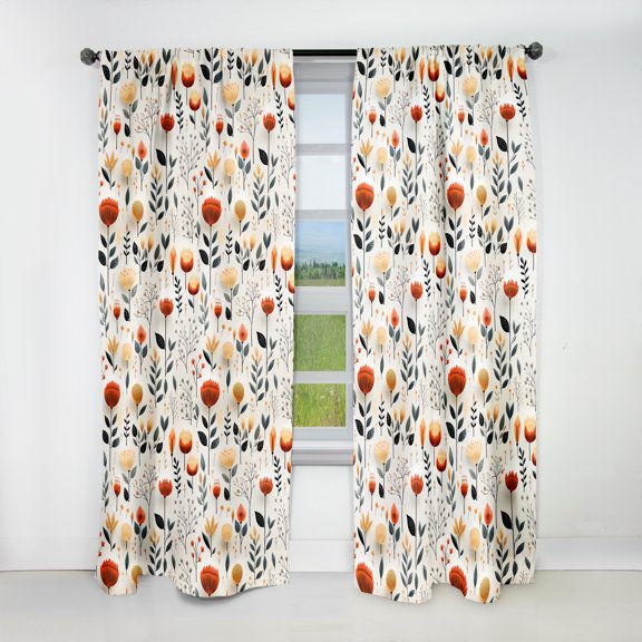 Designart "Warm Orange Floral Harmony In Nordic Style" Floral Blackout Curtain Panels