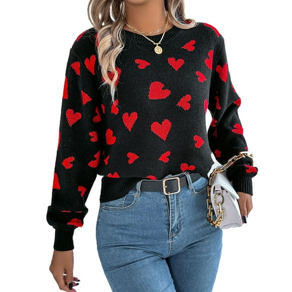 Heart Sweaters for Women Valentine's Day Casual Loose Lightweight Crewneck Sweater Lantern Sleeve Pullover Tops Shermie
