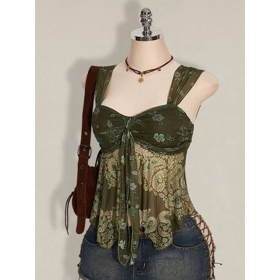 Army Green Floral Paisley Print Tie-Front Peplum Mesh Hem Tank Top For Women