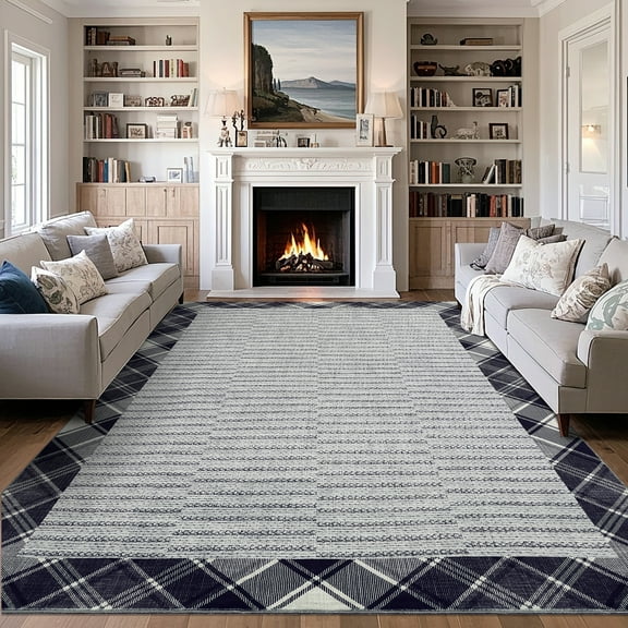 Modern Bordered Washable Rug - Foldable Low Pile Area Rug with Non-Slip TPR Backing, Stain Resistant Ultra Soft Carpet for Living Room, Bedroom, Dining Room