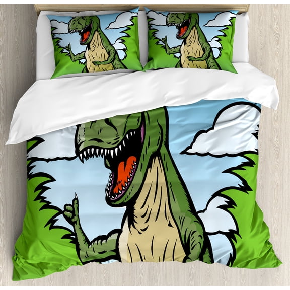 Dinosaur Duvet Cover Set, Cartoon T-Rex with Funny Face Giving Thumps up Clouds Trees Sky, Decorative 3 Piece Bedding Set with 2 Pillow Shams, King Size, Dark Green Pale Blue, by Ambesonne