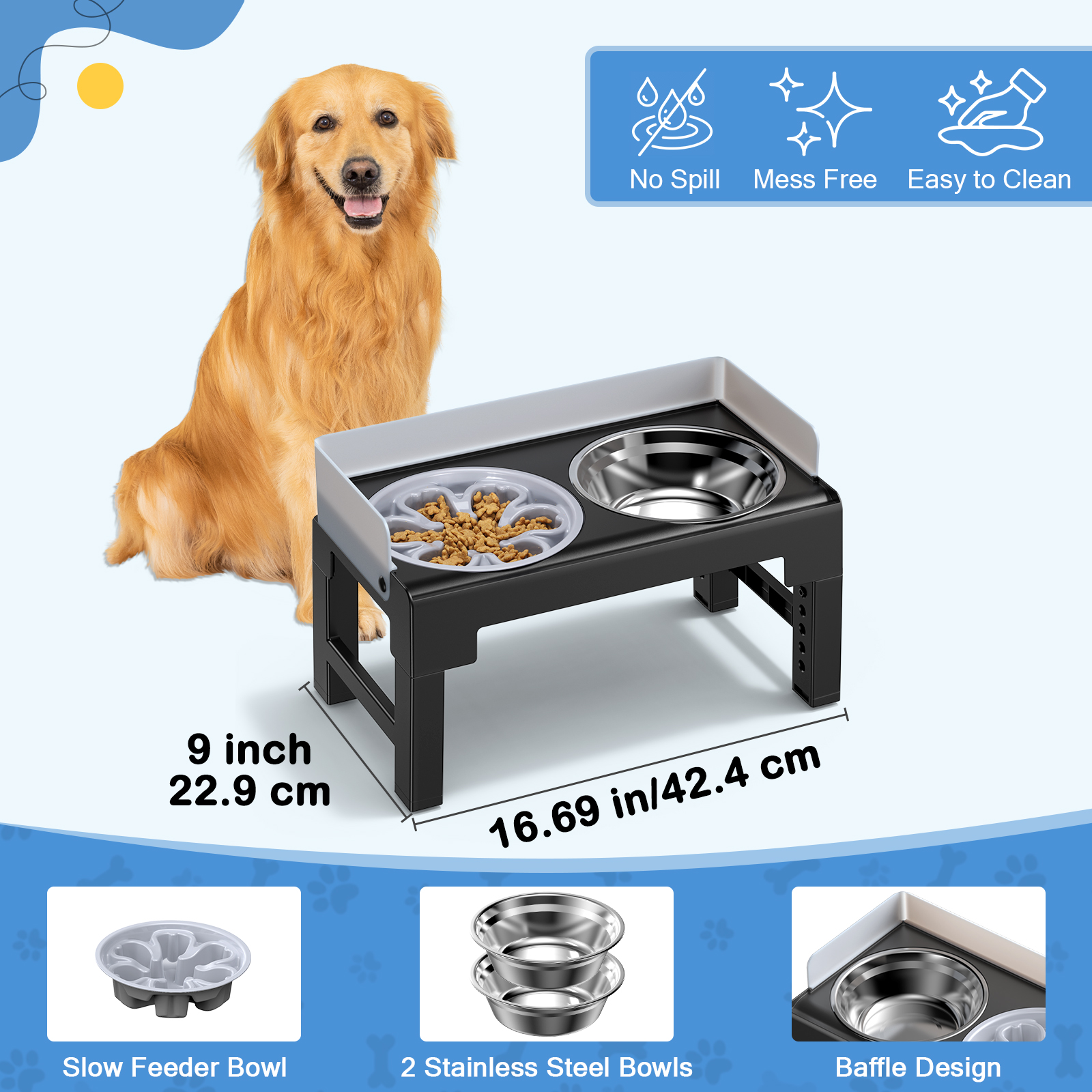Euqvunn Elevated Dog Bowls, Raised Dogs Bowl Stand for Medium Large Dog, 6 Heights Adjustable 3.1", 8.7", 9.4", 10.2", 11", 11.8", Dog Feeder with 2 Stainless Steel Dishes &1 Slow Feeder Bowl