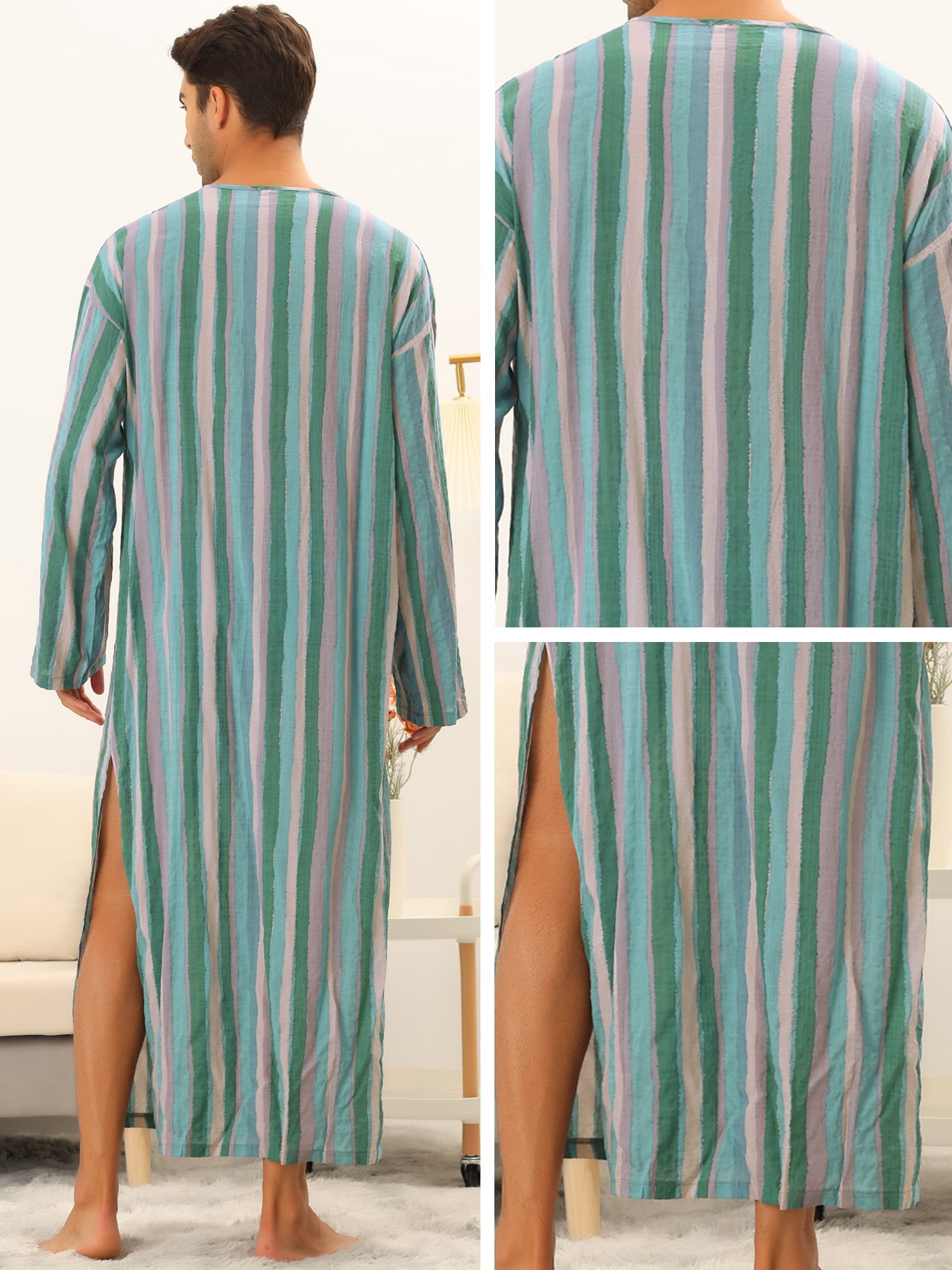 Unique Bargains Men's Striped Nightshirt Long Sleeves Button Nightgown Henley Shirts XL Green