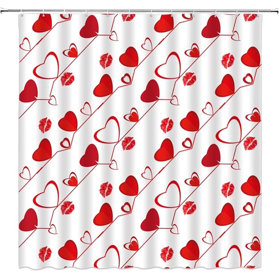 Valentine''s Day Shower Curtain Red Love Heart Lip Print Romantic Sweet Couple Holiday Fabric Bathroom Decor Curtains with Hooks,Red White