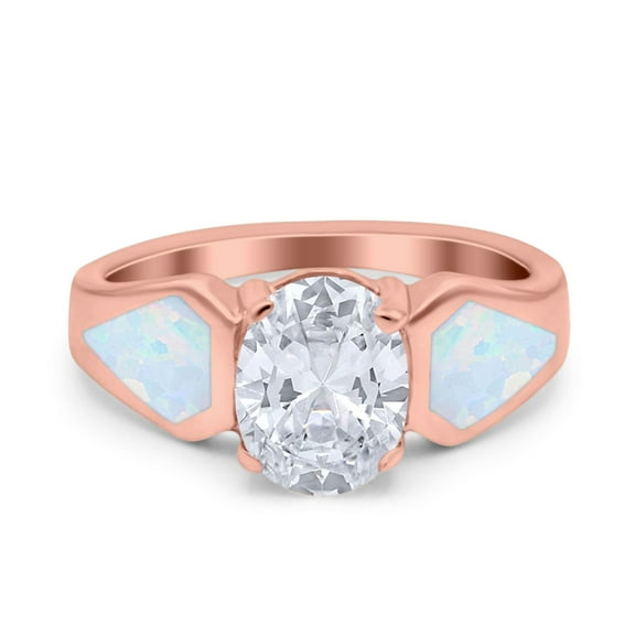 Rose Tone, Simulated Cubic Zirconia Size-8 Three Stone Vintage Style Oval Art Deco Created White Opal Wedding Engagement Ring 925 Sterling Silver