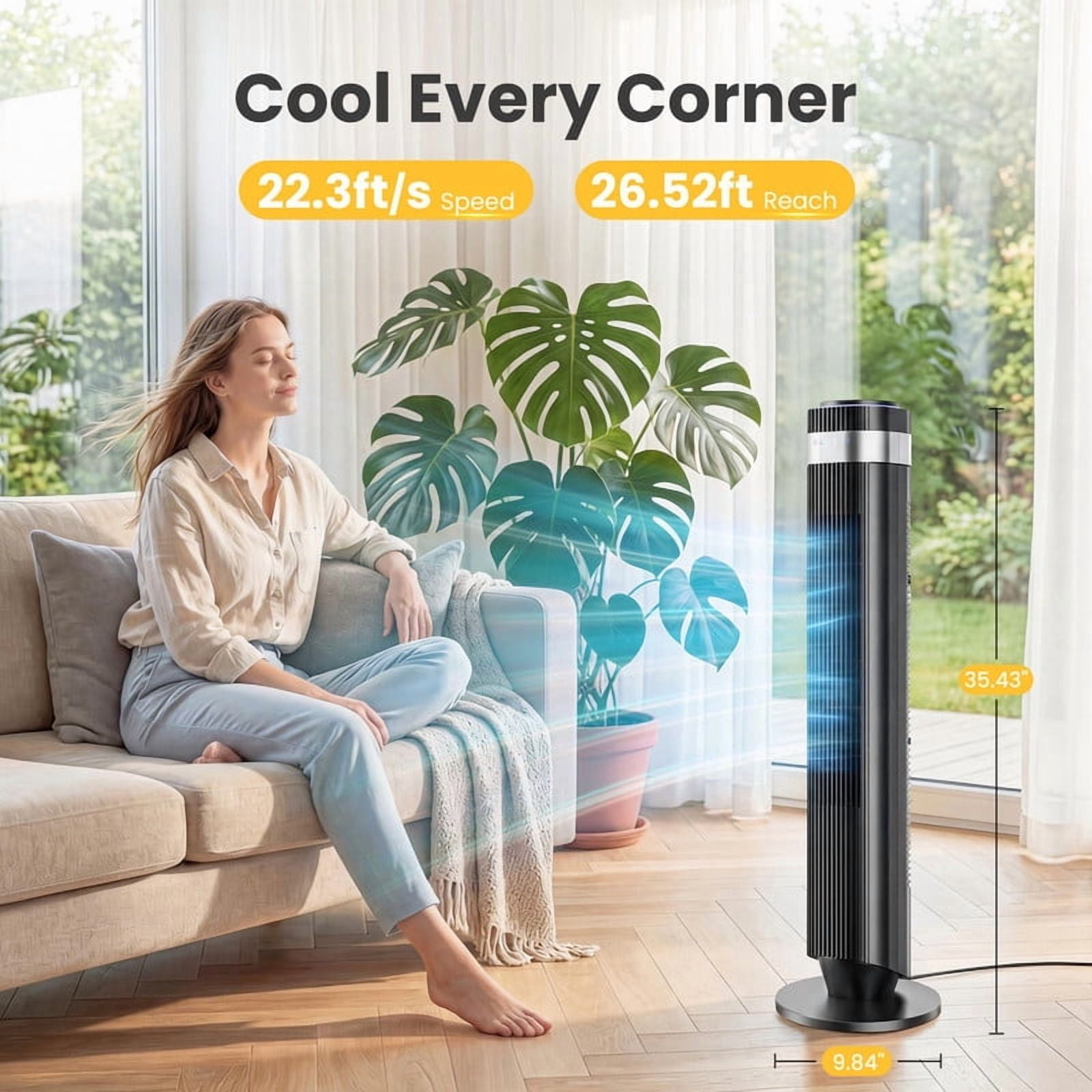 Gianna Tower Fan for Bedroom, 28dB Silent Standing Fan with 12H Timer, Smart Auto Mode, 64°Oscillating Bladeless Cooling Fan for Home Office, Black