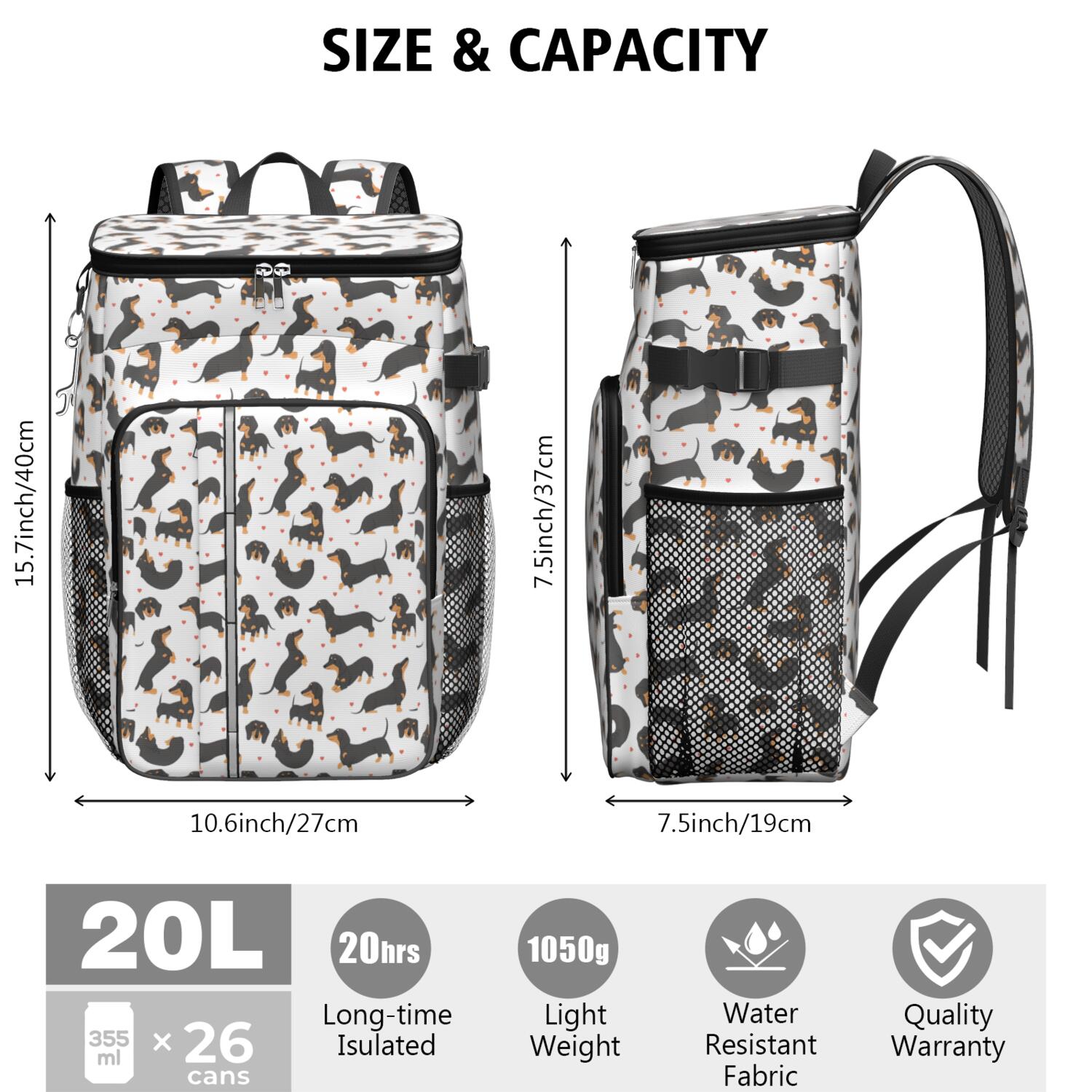 Travel Cooler Bag - Dachshund and Heart Camping Beer Cooler Backpack with Bottle Opener- Waterproof Insulated Picnic Backpacks - Cooler Bag for Beach