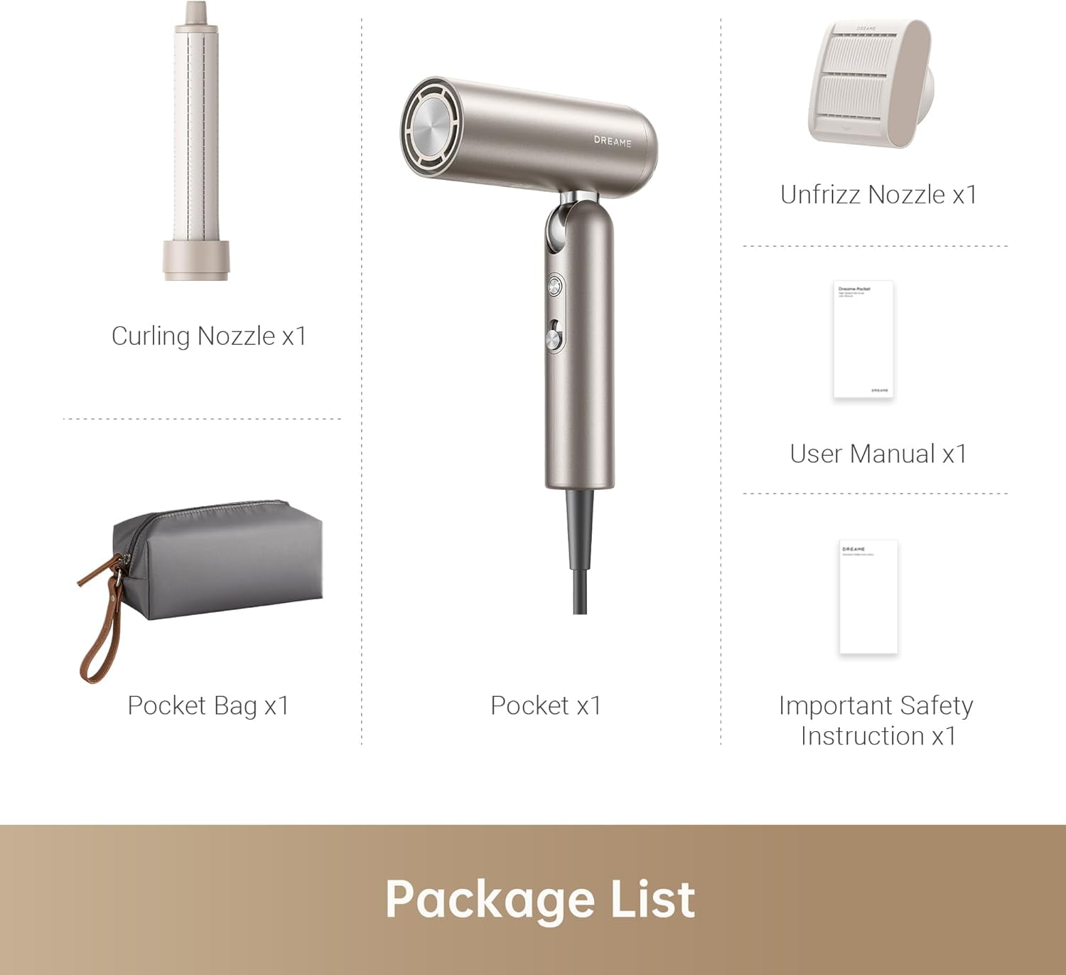 Dreame Pocket Compact Ionic Hair Dryer, Gold, 1000 Watts, Fast Drying, High-Speed Brushless Motor, 300M Negative Ions, Low Noise, Portable for Home & Domestic Travel & Gym